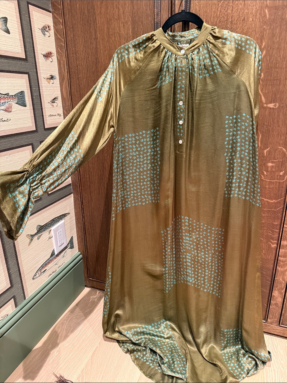 Olive Green Maxi Dress with Aqua Dot Pattern
